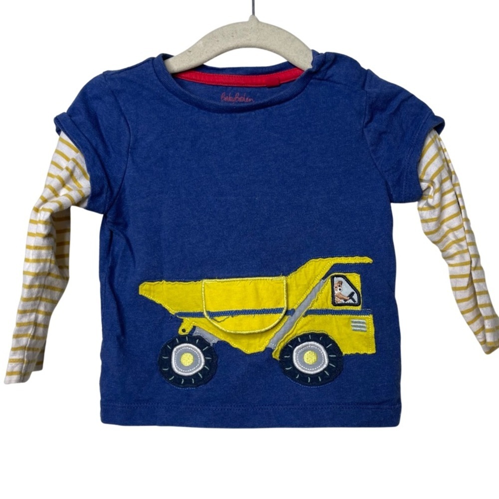 Baby Boden blue yellow stripe sleeves dump truck shirt sz 6-12M